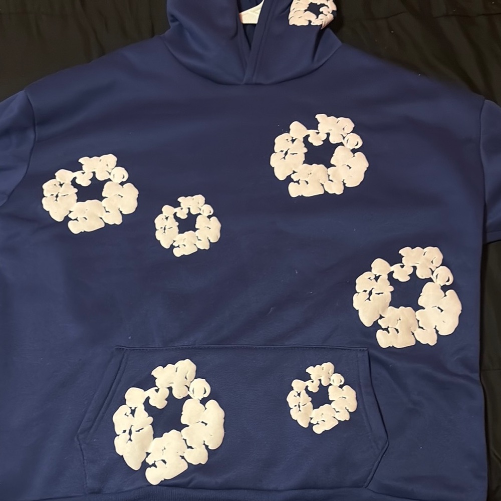 Blue Crewneck Sweater with White Floral Design